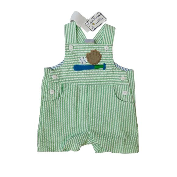NWT Florence Eiseman 9M Seersucker Shortall With Baseball Bat & Glove - Picture 1 of 7